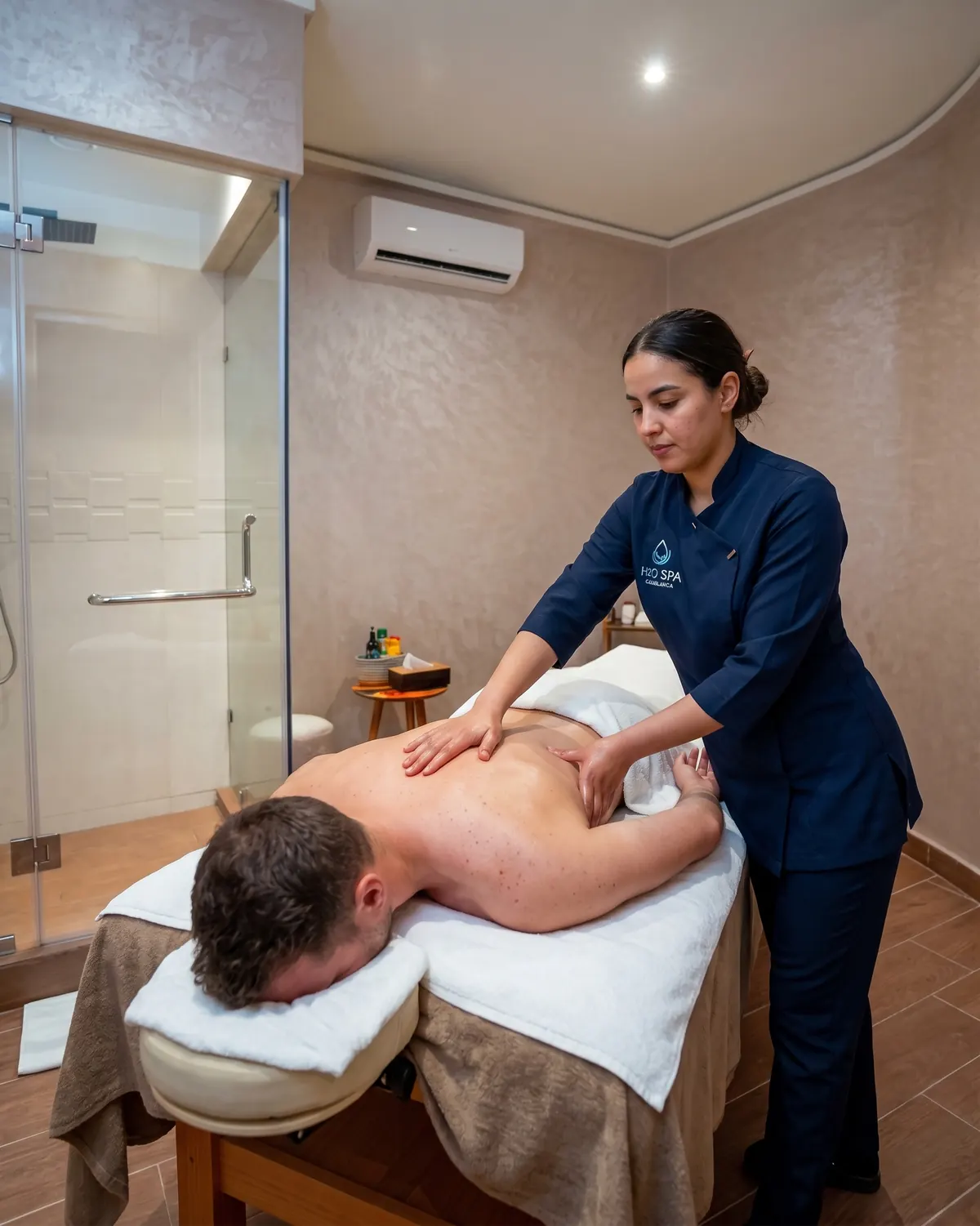 Massage du dos par une thérapeute chez H2O Spa Casablanca