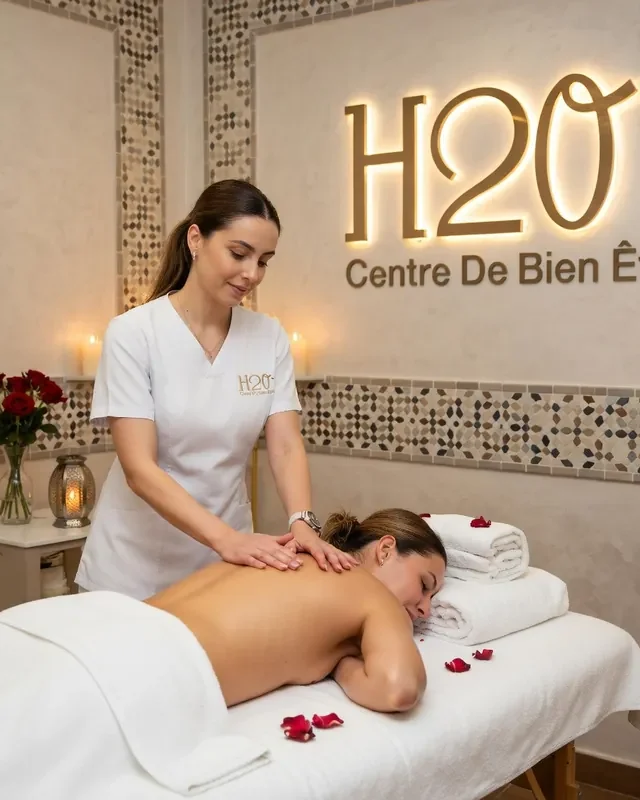 Massage du dos d’une cliente allongée, bouquet de roses et bougies en arrière-plan – H2O Spa Casablanca