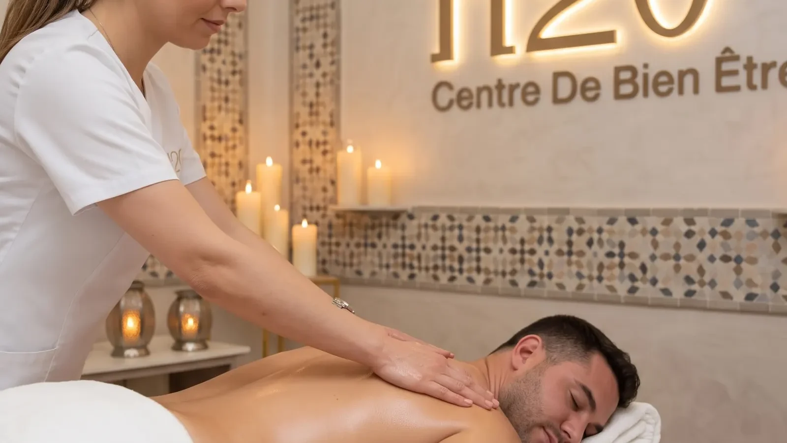 Massage relaxant du dos d’un client à la lumière des bougies, sous l’enseigne H2O Centre de Bien-Être